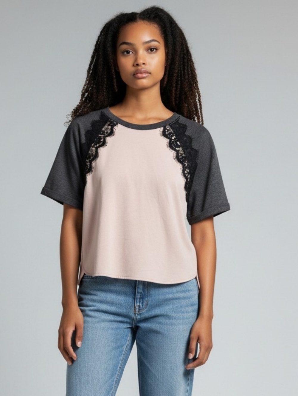 Old Navy Pink and Charcoal Lace Accent Raglan Crop Top Size M